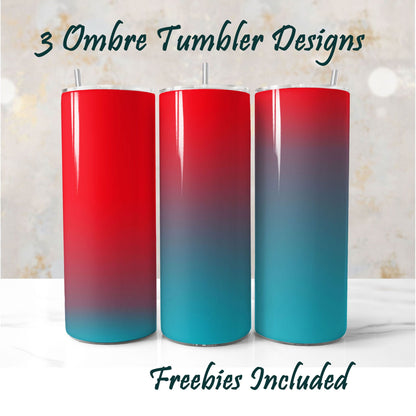 Three ombre tumbler designs with red to blue gradient. Sublimation designs for DIY and commercial use.