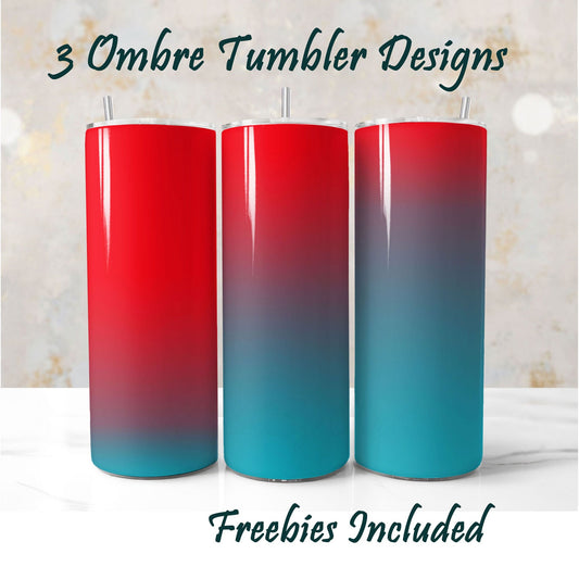 Three ombre tumbler designs with red to blue gradient. Sublimation designs for DIY and commercial use.