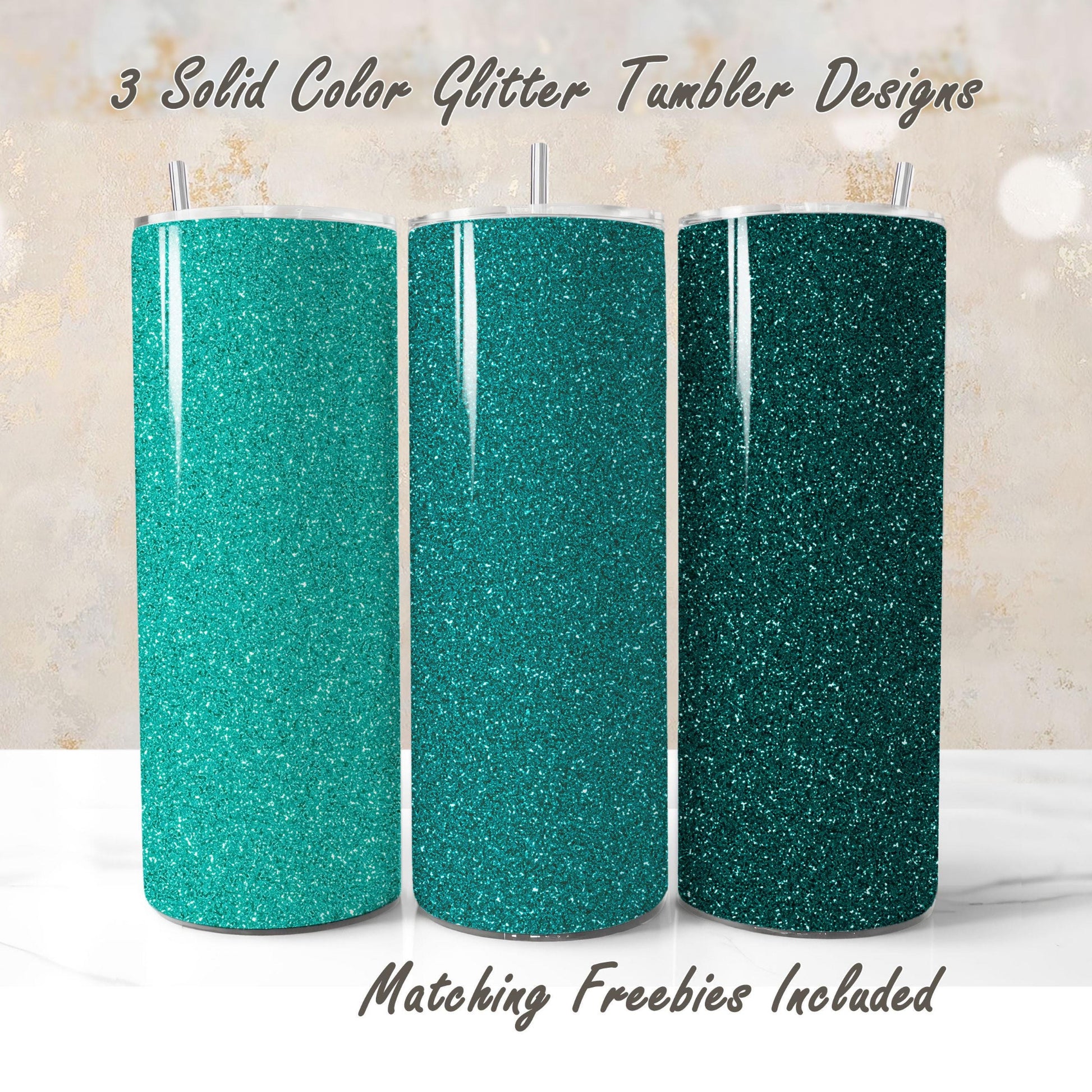 Three teal glitter tumblers with matching freebies for DIY and commercial use.