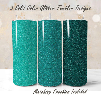 Three teal glitter tumblers with matching freebies for DIY and commercial use.