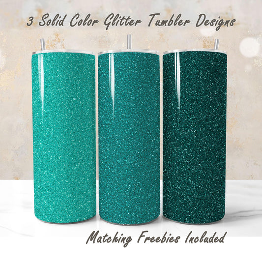 Three teal glitter tumblers with matching freebies for DIY and commercial use.