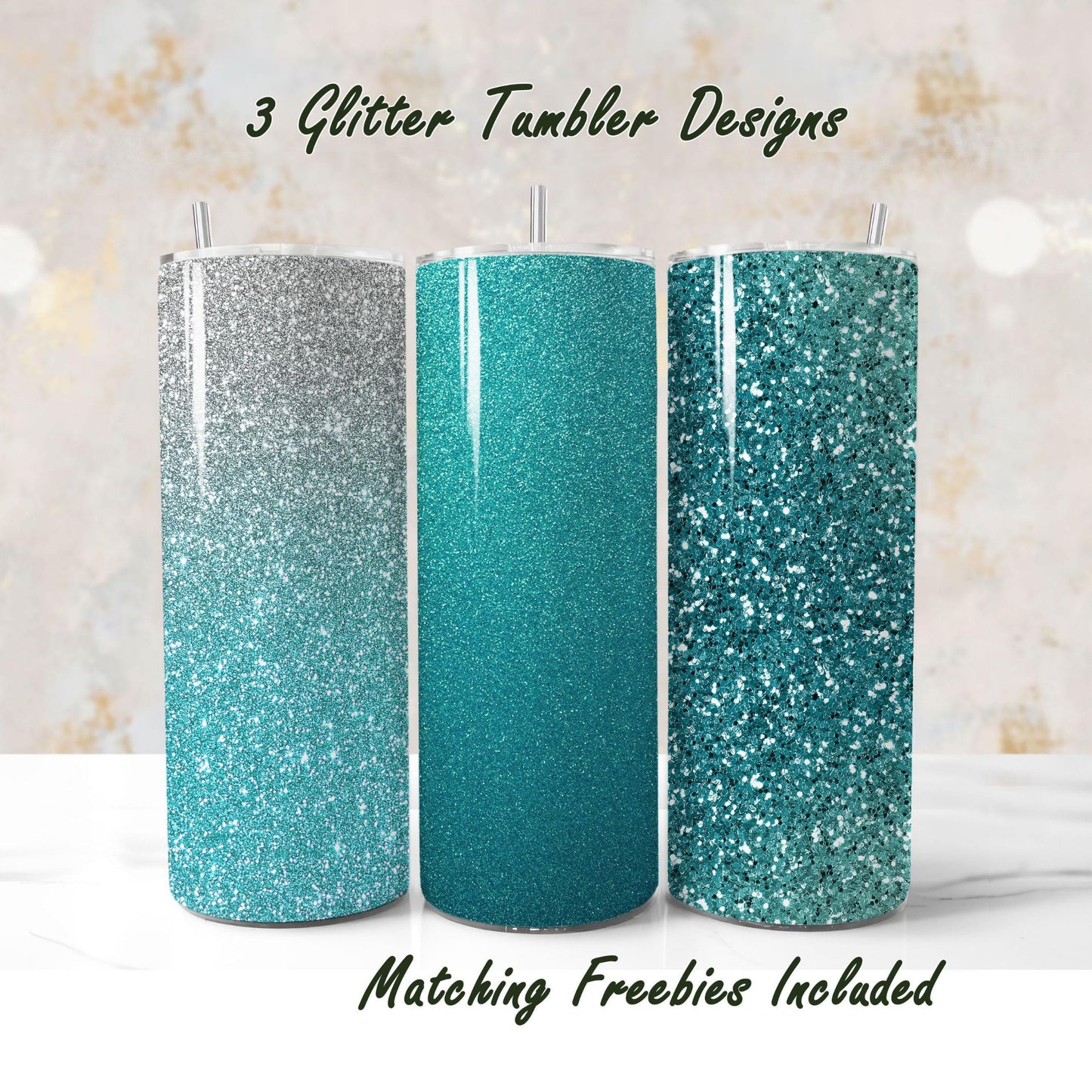 Three turquoise glitter tumbler wrap designs with glitter texture for 20oz skinny straight tumblers