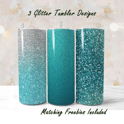 Three turquoise glitter tumbler wrap designs with glitter texture for 20oz skinny straight tumblers