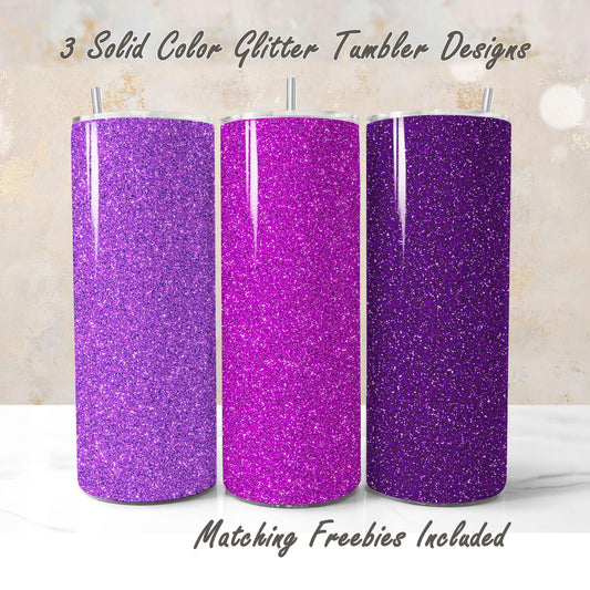 Three glittery purple tumbler wraps with matching freebies, sublimation designs for DIY and commercial use.