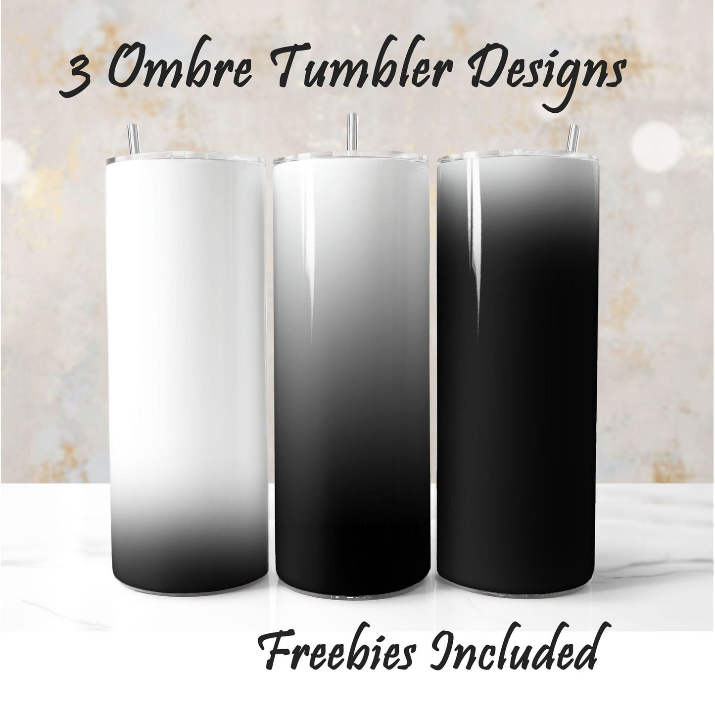Three white to black tumbler wraps, sublimation designs for DIY and commercial use.