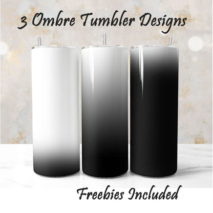 Three white to black tumbler wraps, sublimation designs for DIY and commercial use.