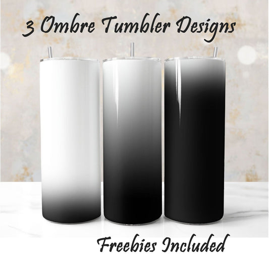 Three white to black tumbler wraps, sublimation designs for DIY and commercial use.