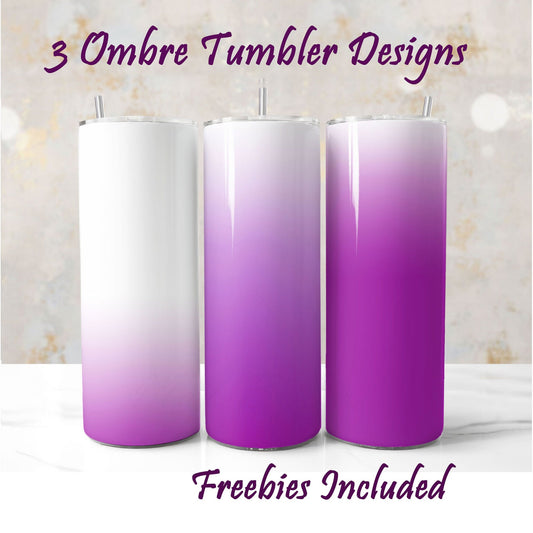 Three ombre tumbler designs with purple and white gradient for DIY and commercial use.