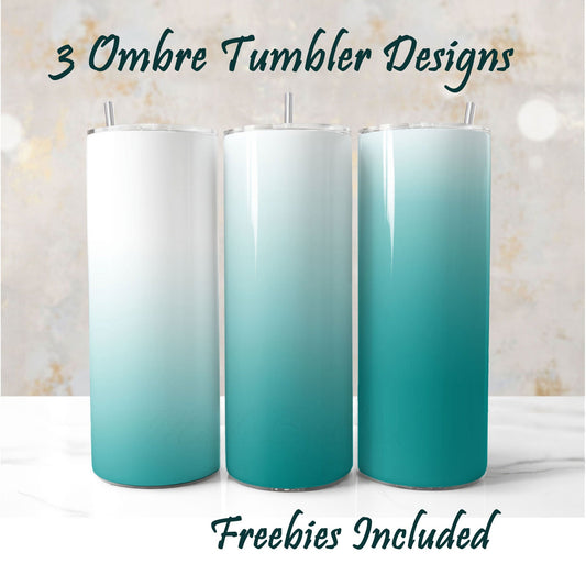Three ombre tumbler designs with a gradient from white to blue, teal ombre tumbler wraps, sublimation designs for DIY and commercial use.