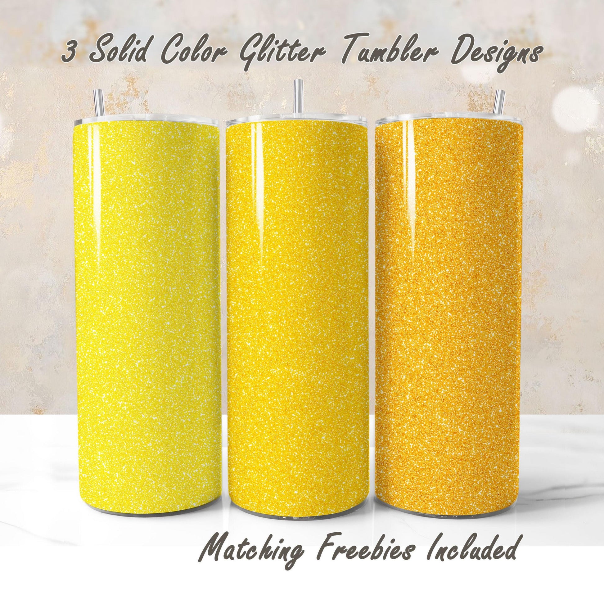 Three yellow glitter tumbler wraps with matching freebies, sublimation designs for DIY and commercial use.