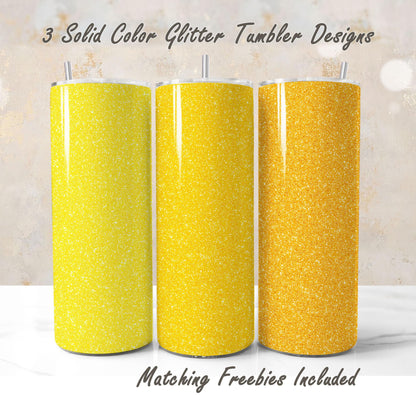 Three yellow glitter tumbler wraps with matching freebies, sublimation designs for DIY and commercial use.