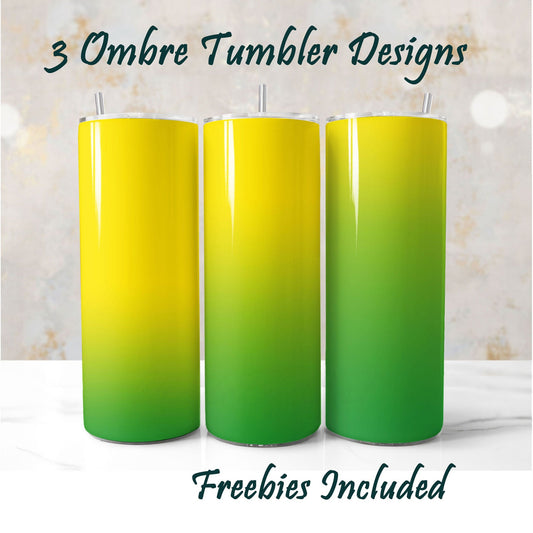 Three green and yellow ombre tumblers with text about designs and freebies.