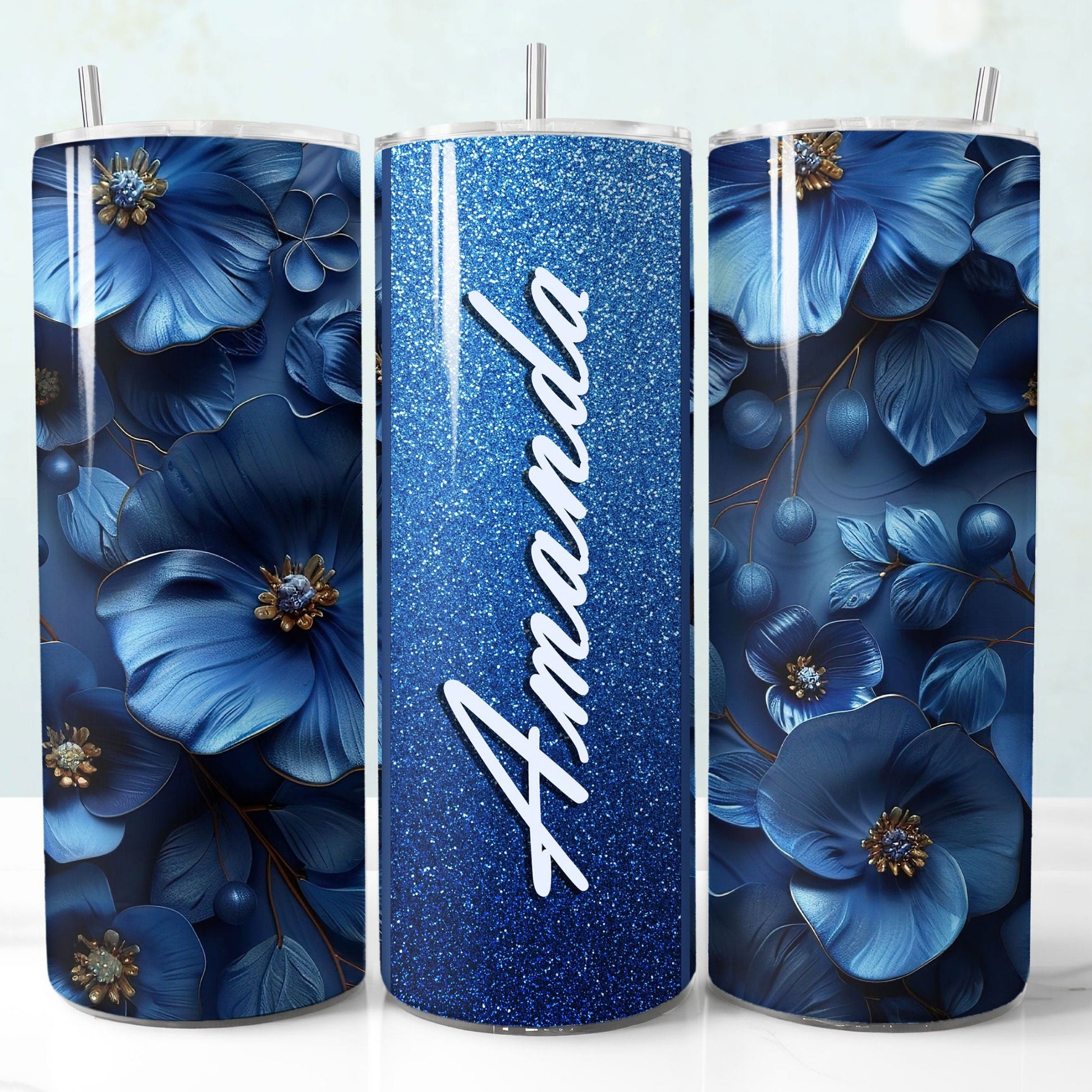 Blue glitter 3D floral tumbler wrap PNG for 20oz sublimation tumblers with customizable name field