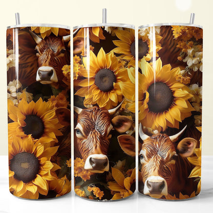 Eye-catching 20oz western 3d cows and sunflowers tumbler wrap PNG for sublimation, ideal for personalized gifts, DIY projects, and profitable shop products.