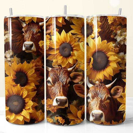 Eye-catching 20oz western 3d cows and sunflowers tumbler wrap PNG for sublimation, ideal for personalized gifts, DIY projects, and profitable shop products.