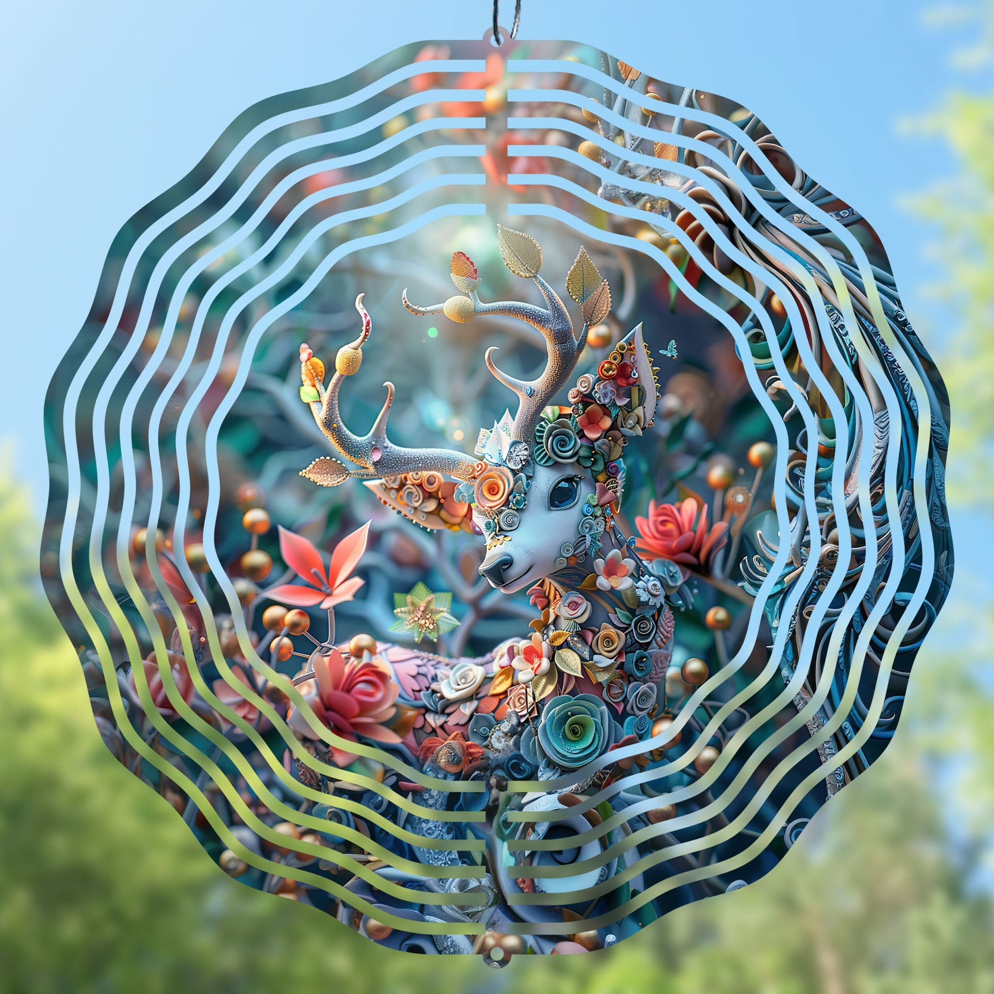 3D wind spinner design with a floral and deer motifs