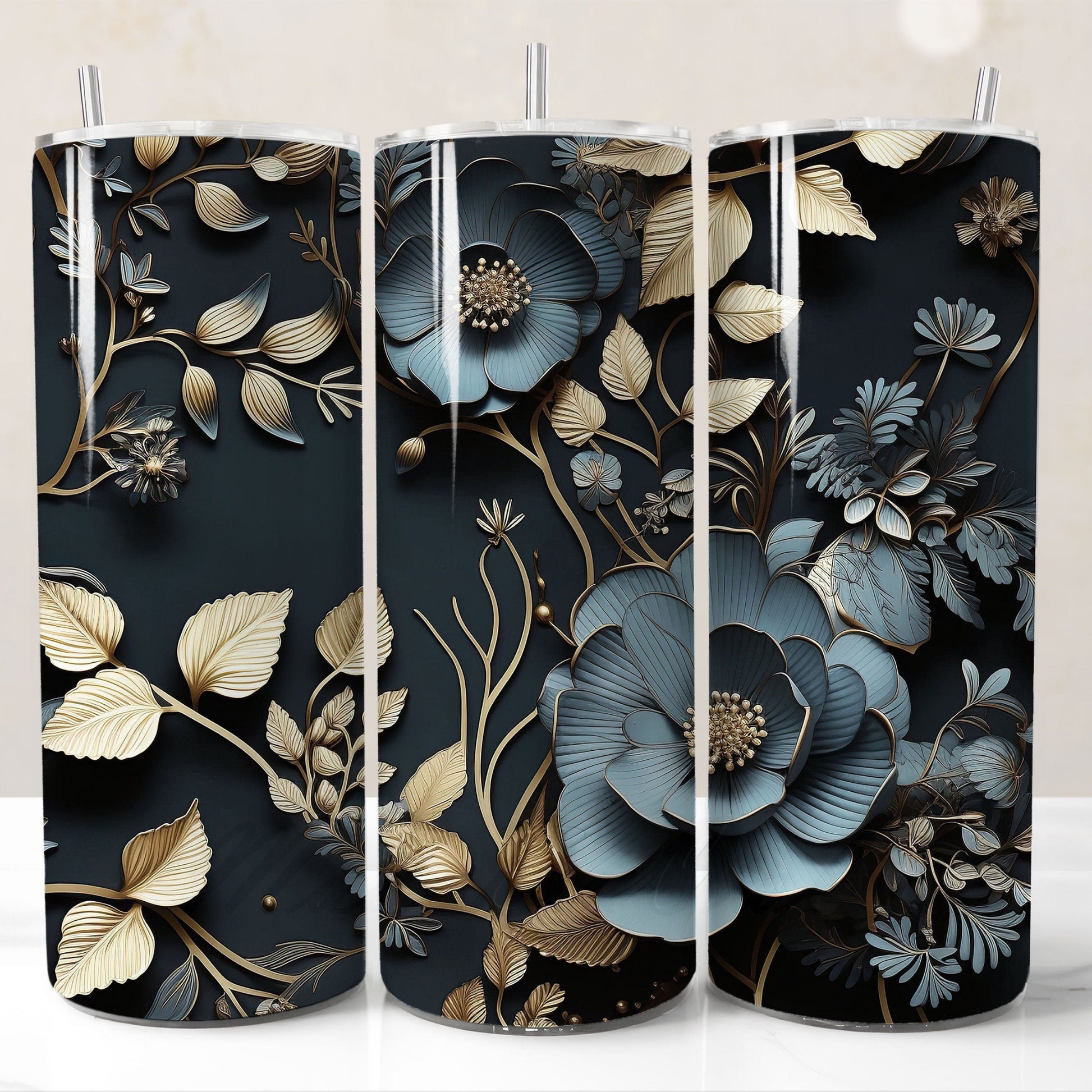 Transform ordinary tumblers into stunning creations with this 3D dusty blue floral 20oz sublimation wrap PNG, suitable for personal or commercial use.