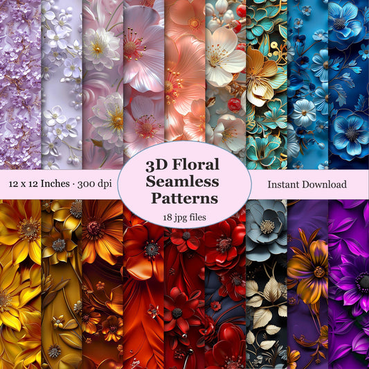 Collection of 3D floral seamless patterns, flower digital paper pack.