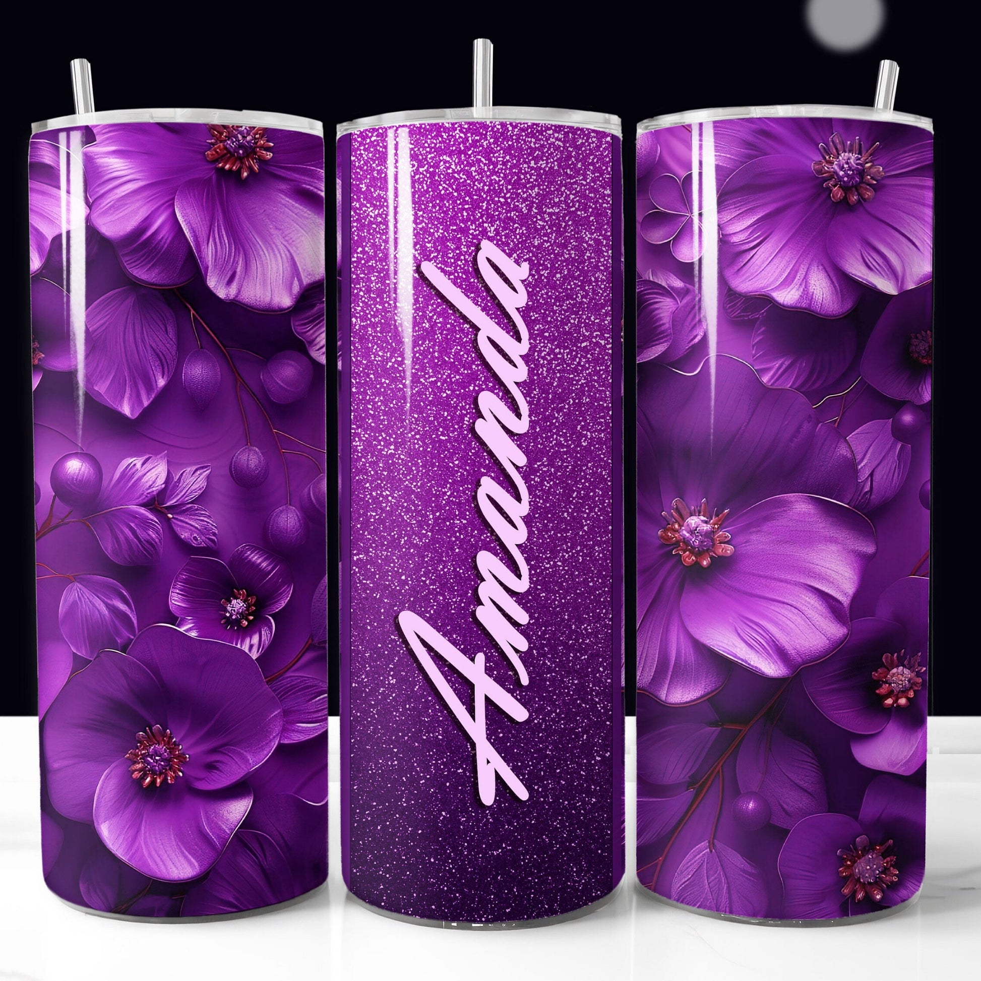 Purple glitter 3D floral tumbler wrap PNG for 20oz sublimation tumblers with customizable name field
