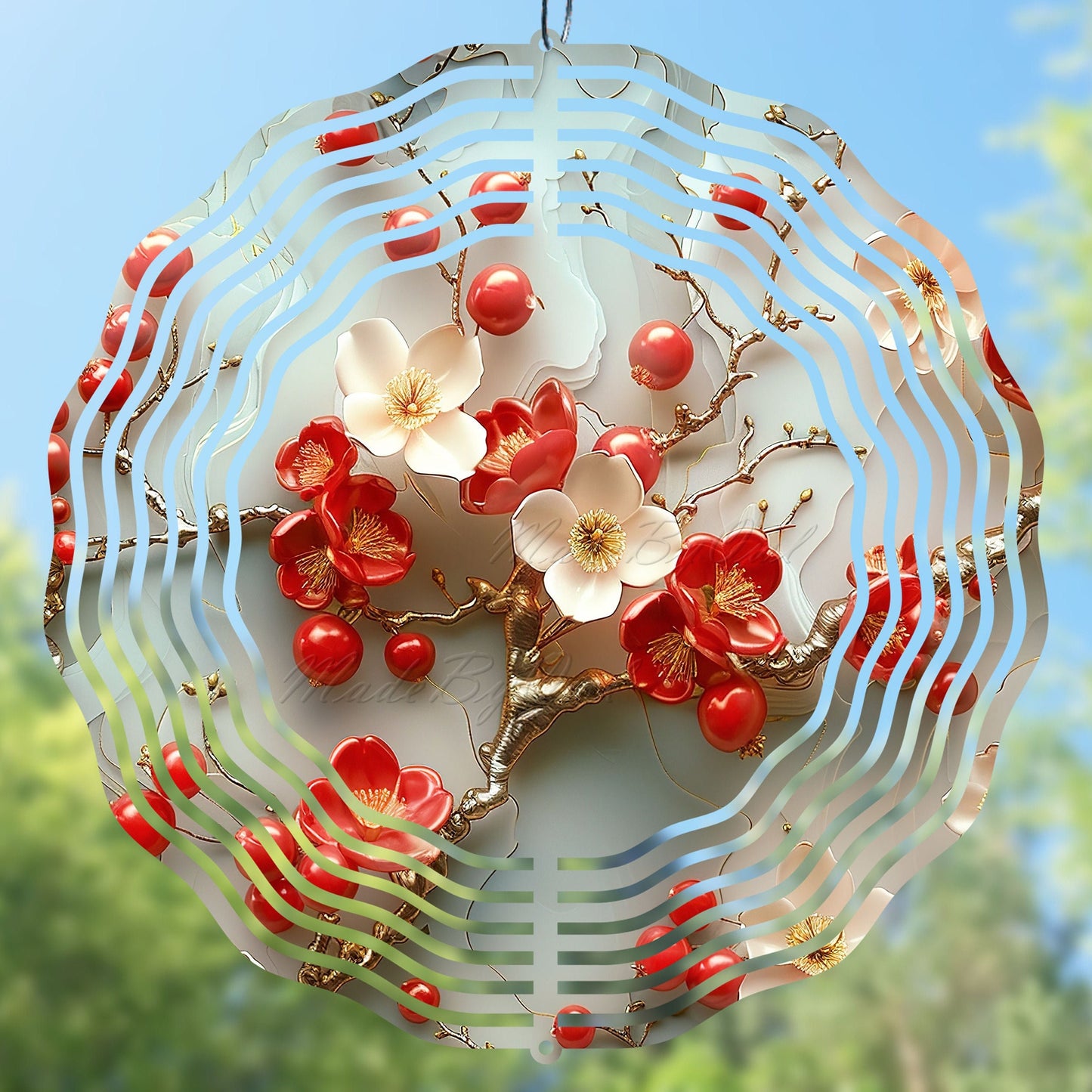  3d wind spinner sublimation design with red and white flowers and red berries