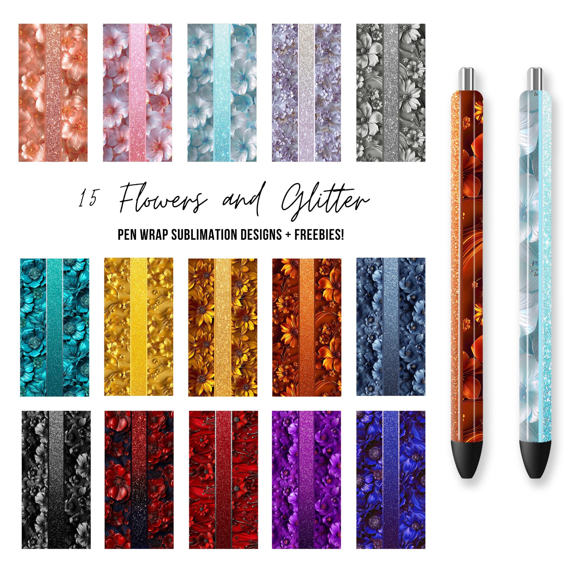 Collection of pen wrap sublimation designs with flowers and glitter