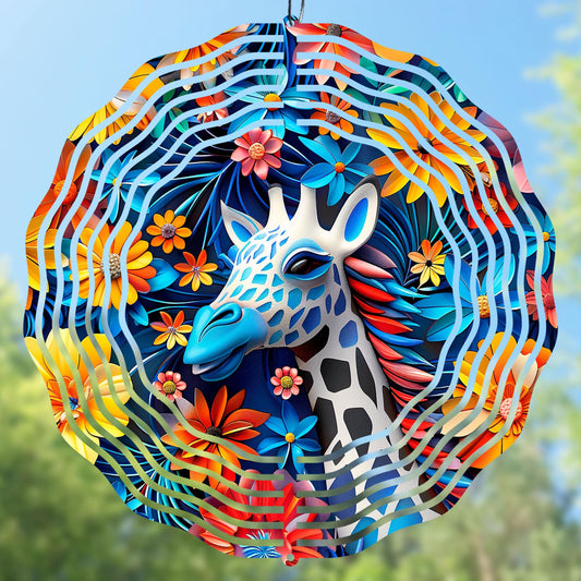 Colorful 3D giraffe wind spinner design with flowers