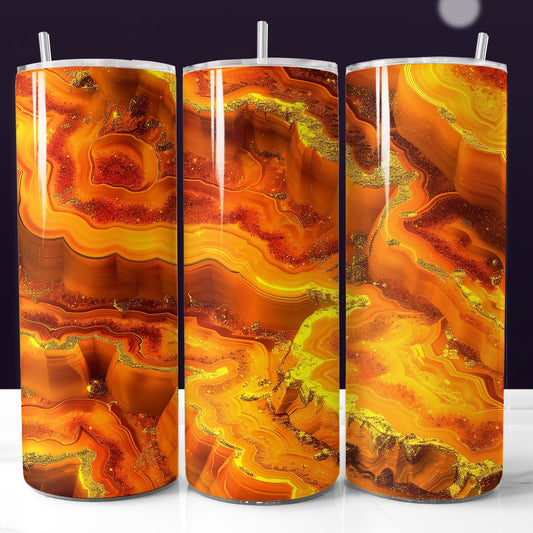 3d gold orange agate geode tumbler wrap. Seamless printable sublimation design.