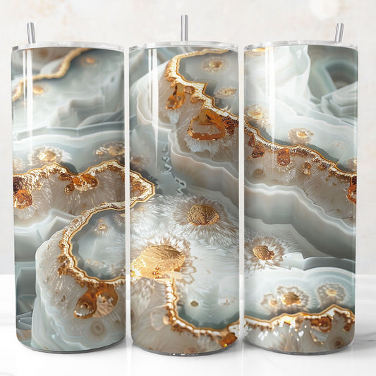 20oz 3D gold white agate geode tumbler wrap. Seamless printable sublimation design.