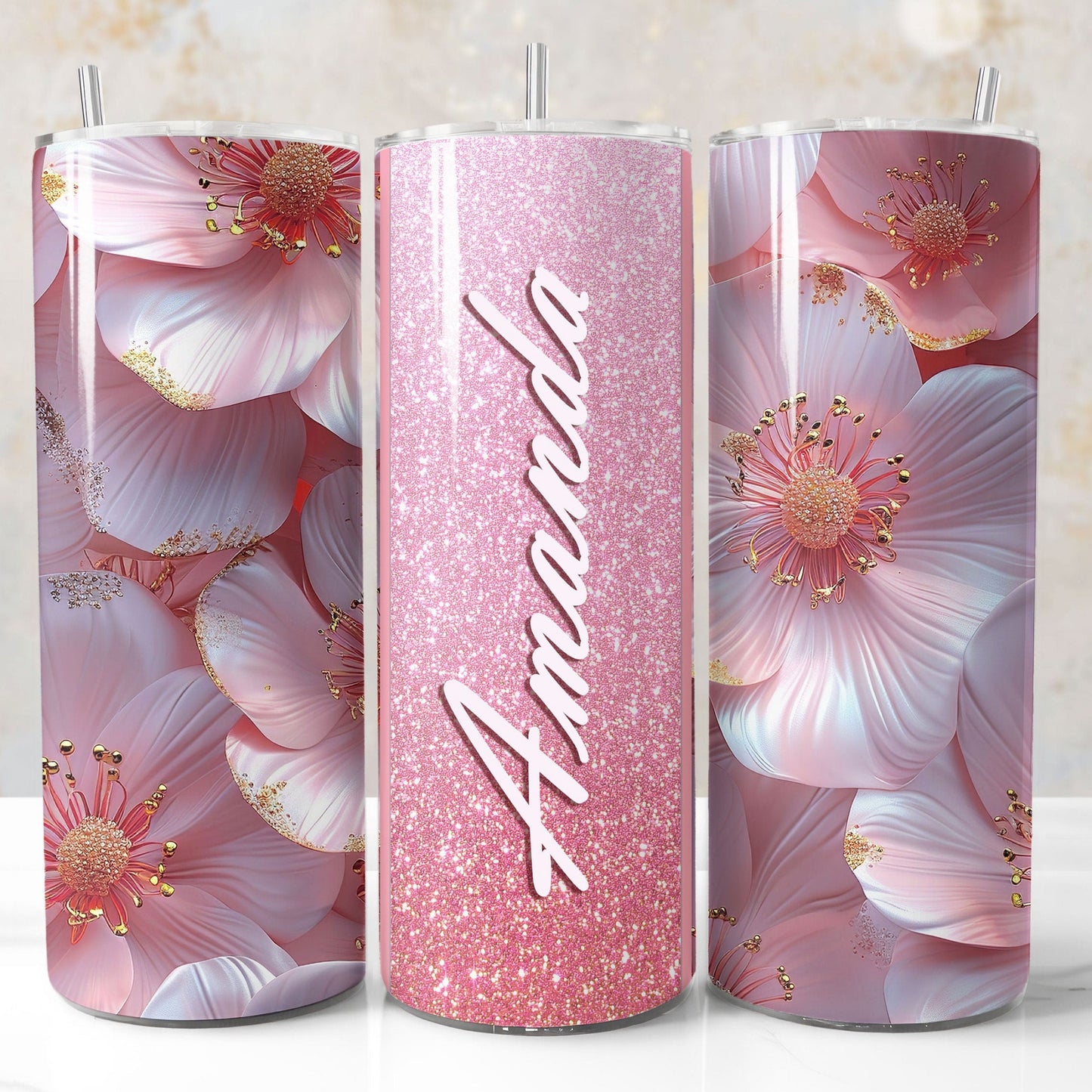 Pink glitter 3D floral tumbler wrap PNG for 20oz sublimation tumblers with customizable name field