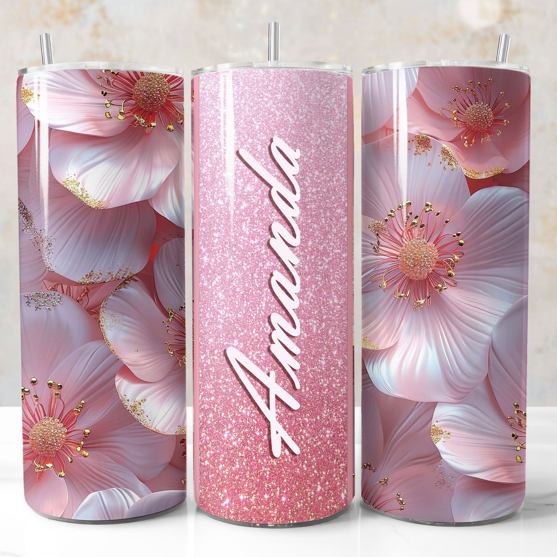 Pink glitter 3D floral tumbler wrap PNG for 20oz sublimation tumblers with customizable name field