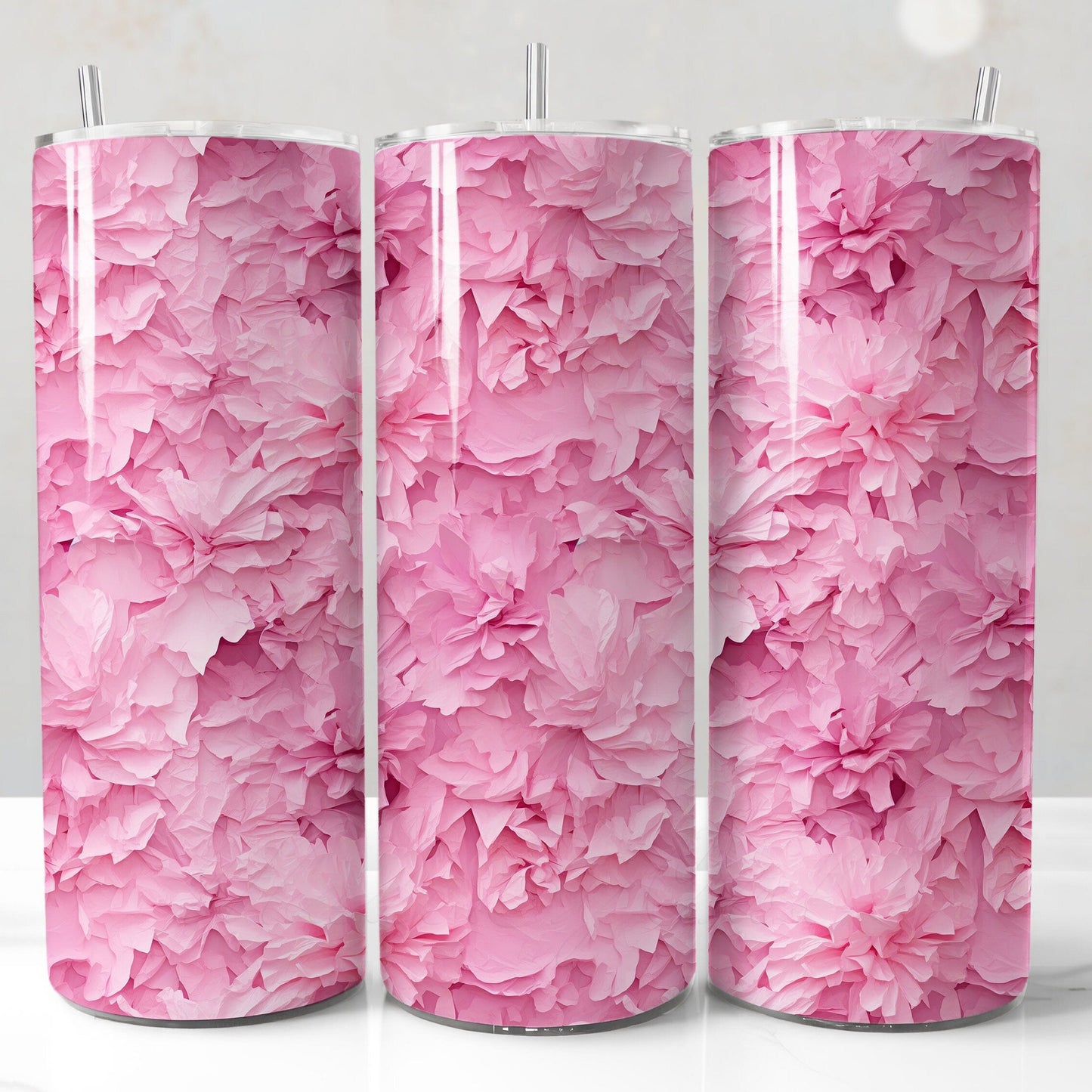 3d pink paper flowers sublimation tumbler wrap for 20oz skinny tumblers, high-quality PNG for creating professional, eye-catching drinkware for personal projects or commercial sales.
