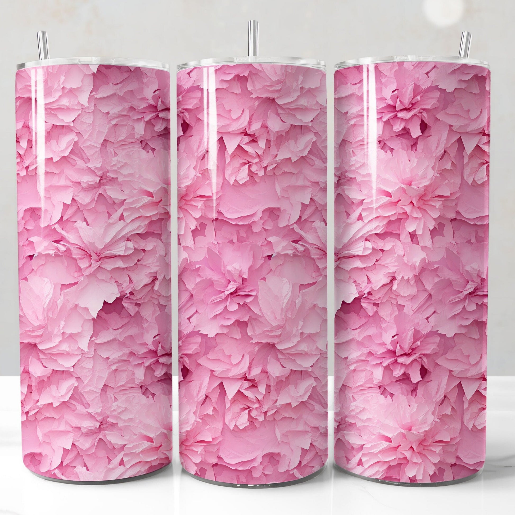 3d pink paper flowers sublimation tumbler wrap for 20oz skinny tumblers, high-quality PNG for creating professional, eye-catching drinkware for personal projects or commercial sales.