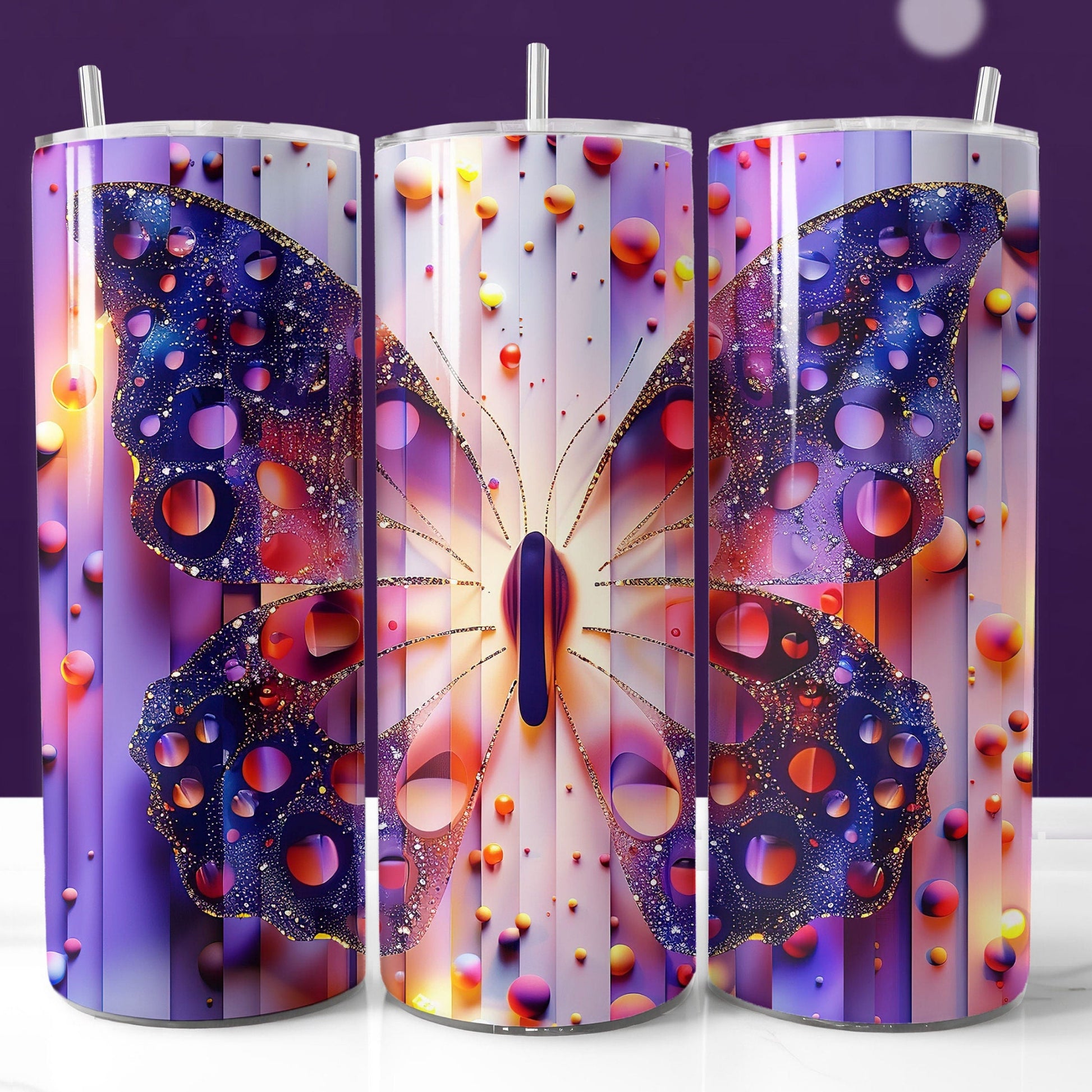 Purple tumbler wrap with a butterfly design. High-quality PNG for creating professional, eye-catching tumblers for personal projects or commercial sales.