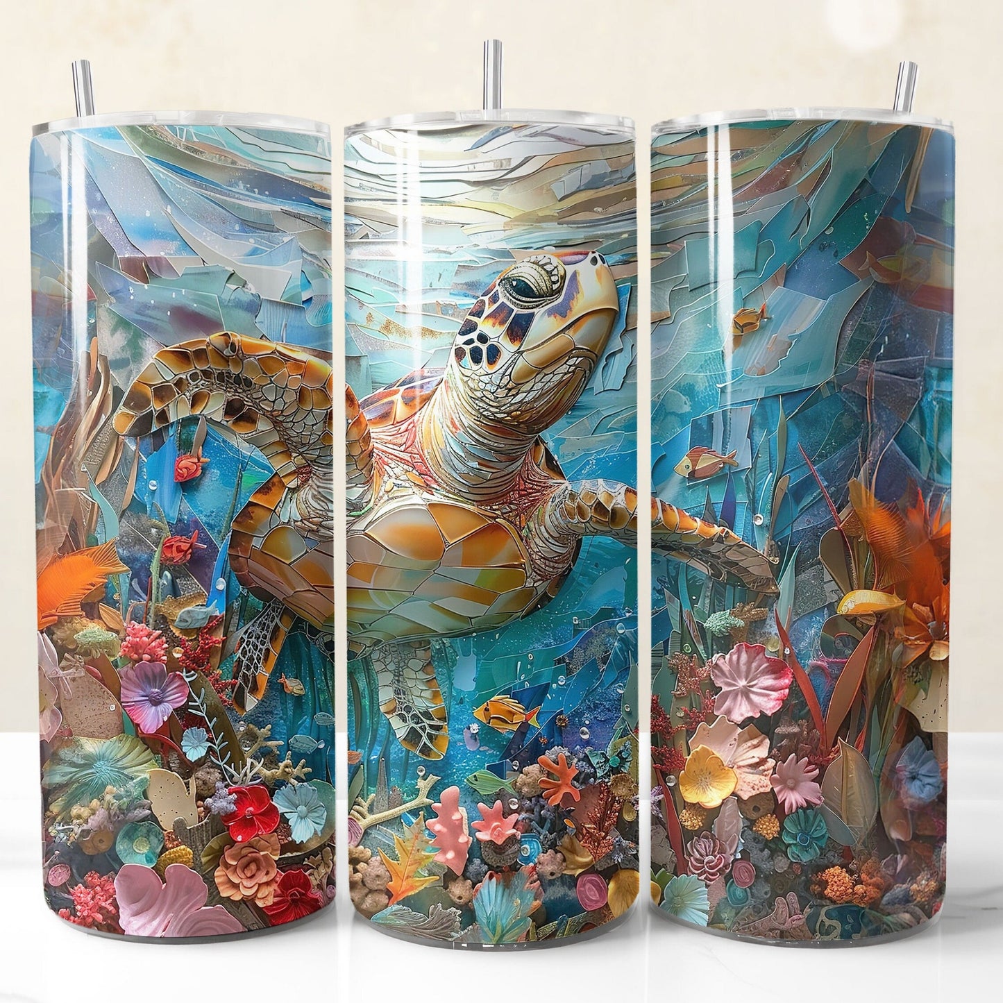 Sea turtle and underwater scene Seamless printable sublimation tumbler wrap design.