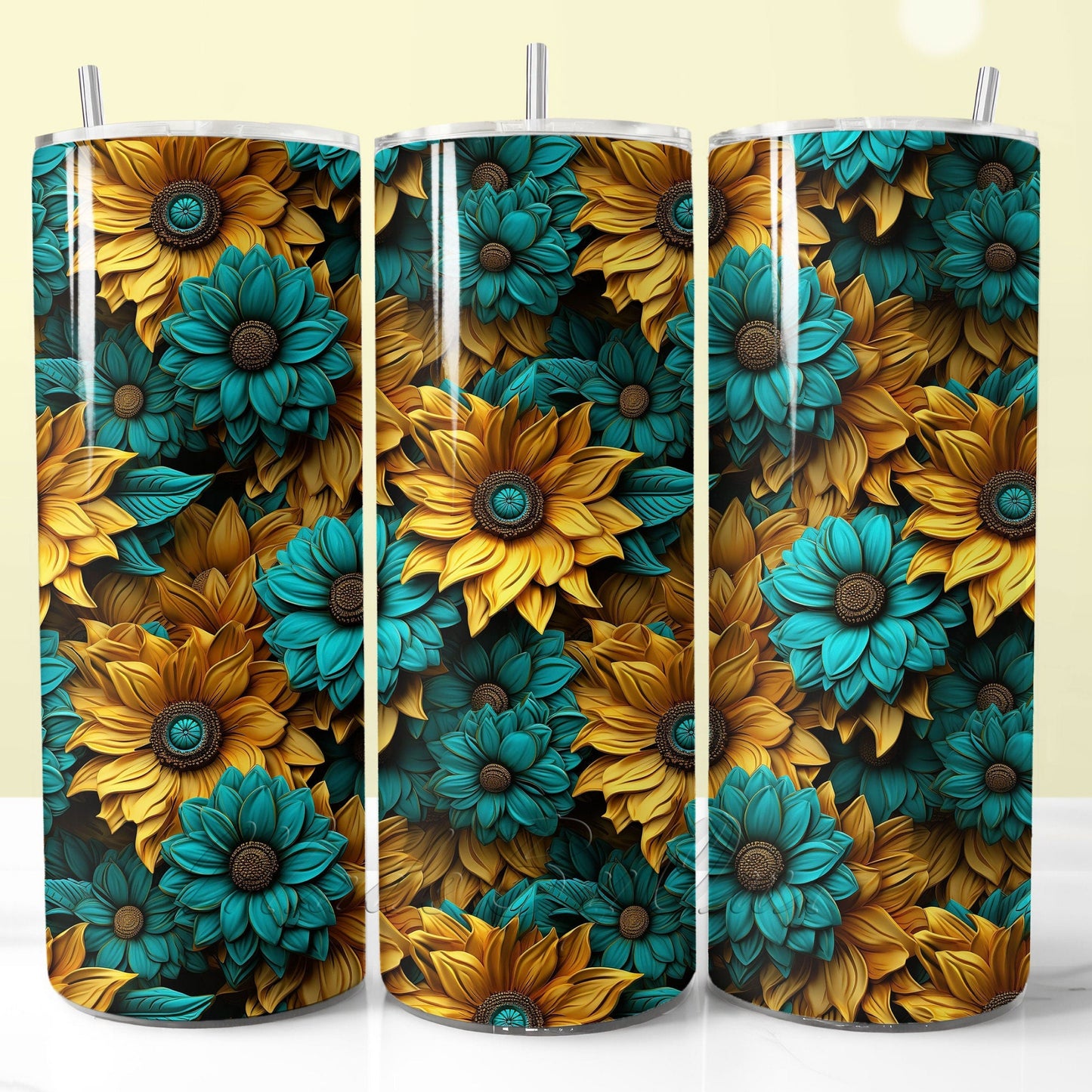 3D Sunflowers Tumbler Wrap, Yellow and Teal Sublimation Design PNG