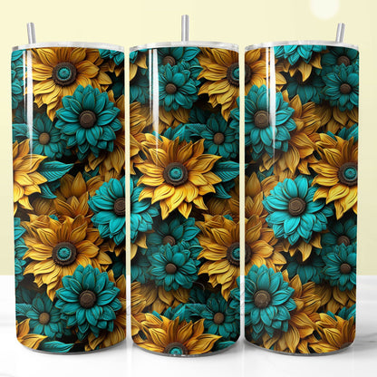 3D Sunflowers Tumbler Wrap, Yellow and Teal Sublimation Design PNG
