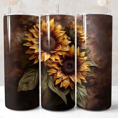 3D sunflowers sublimation tumbler wrap. Printable design.