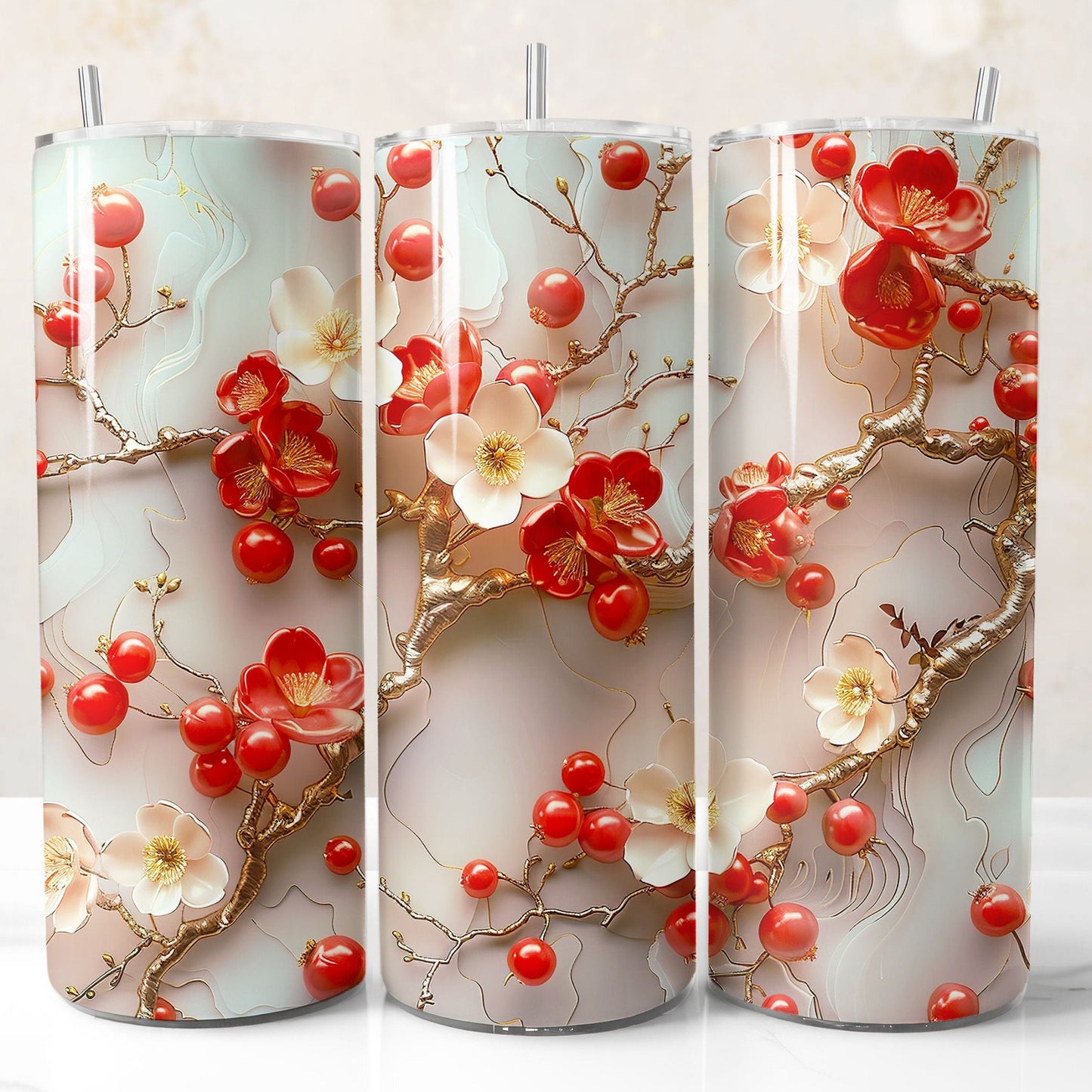 High-resolution 20oz white red gold floral tumbler wrap PNG for sublimation, perfect for creating custom tumblers, gifts, and shop products, for personal or commercial use.