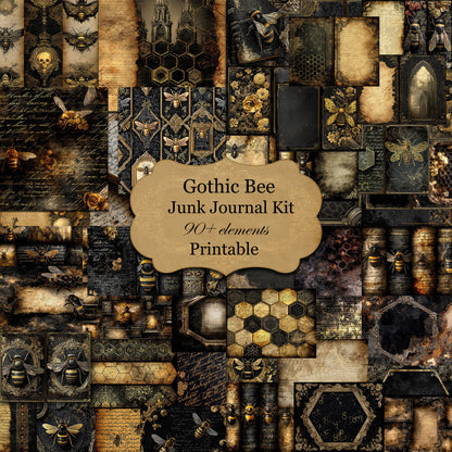 Dark academia collage in brown, black, and gold tones with the text “Gothic Bee Junk Journal Kit, 90+ Elements, Printable”
