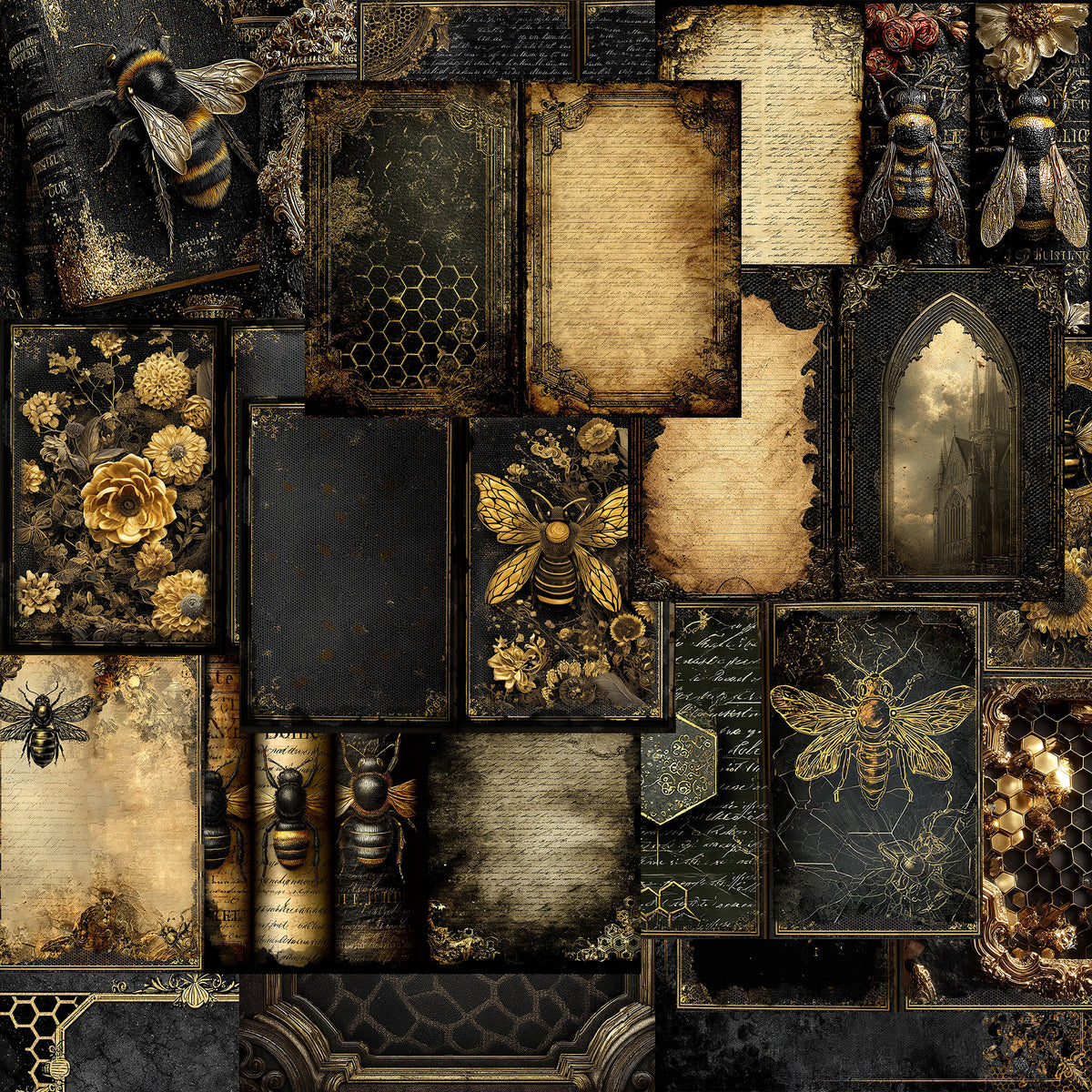 Gothic Bee Junk Journal Kit, Printable, 90+ Elements