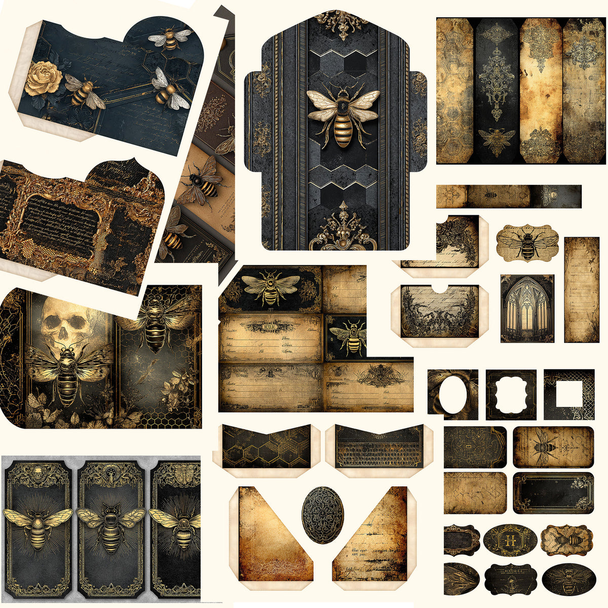 Gothic Bee Junk Journal Kit, Printable, 90+ Elements