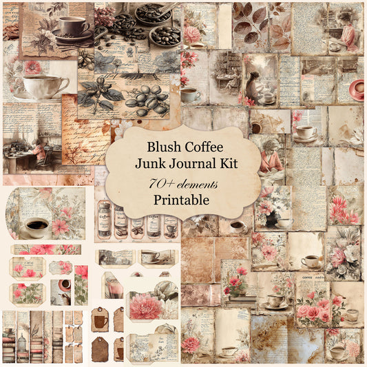 Vintage coffee-themed junk journal collage with teacups, flowers, handwritten pages, books, and library scenes.