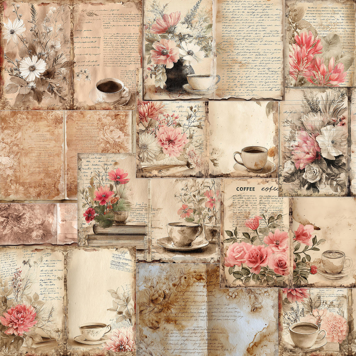A vintage-style collage featuring aged paper panels with handwritten script, floral bouquets in pink and white, teacups, books, and distressed textures. The design fills the entire frame.