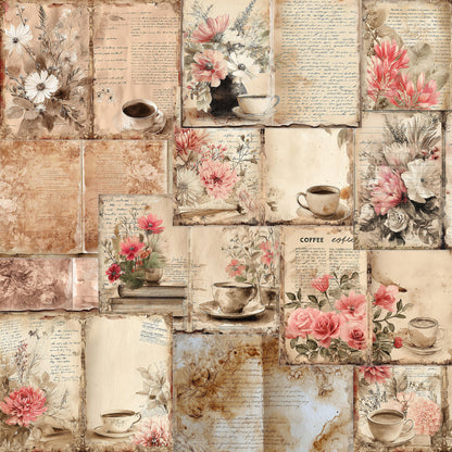 A vintage-style collage featuring aged paper panels with handwritten script, floral bouquets in pink and white, teacups, books, and distressed textures. The design fills the entire frame.