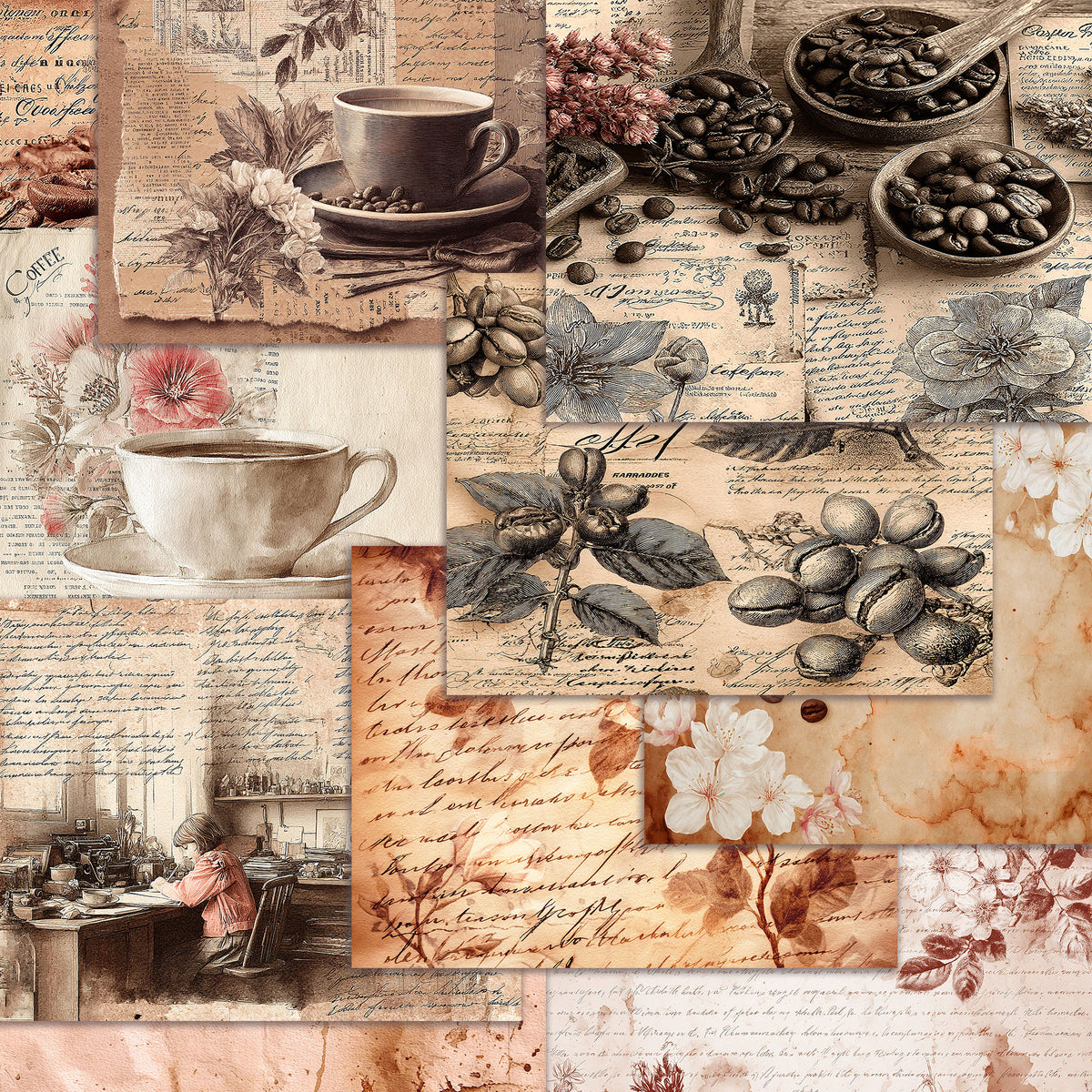 A vintage-style collage print featuring coffee cups, coffee beans, botanical illustrations, handwritten script, and sepia-toned paper textures arranged in a layered composition.