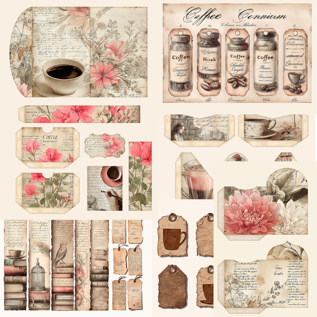 Vintage coffee-themed scrapbook ephemera, including floral prints, coffee bean jars, book stacks, tags, and handwritten notes on a light cream background.