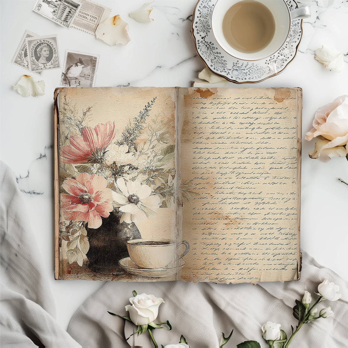 An open vintage-style journal or notebook lies on a white marble surface, surrounded by white roses, tea cups, postage stamps, and soft fabric. The left page shows a floral still life with pink and white flowers, and the right page has cursive handwriting on aged beige paper.