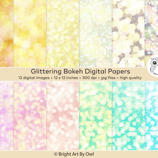 Glittering bokeh digital papers with pastel colors, festive backgrounds