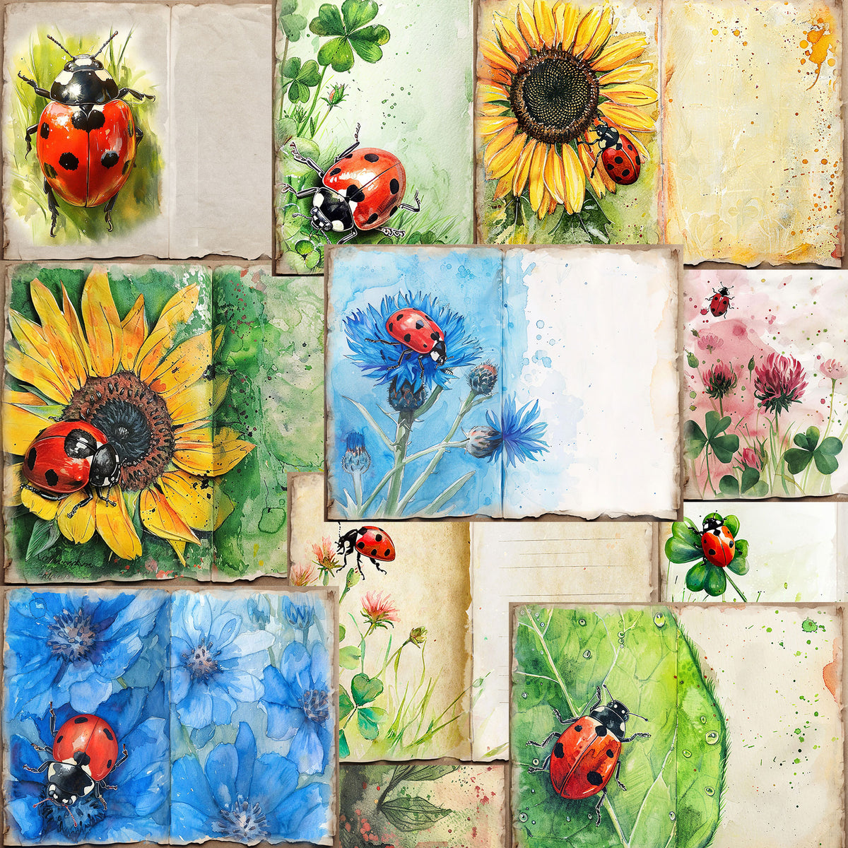 junk journal pages showing ladybugs, sunflowers, blue flowers, green leaves, and clovers on textured cream and blue backgrounds.