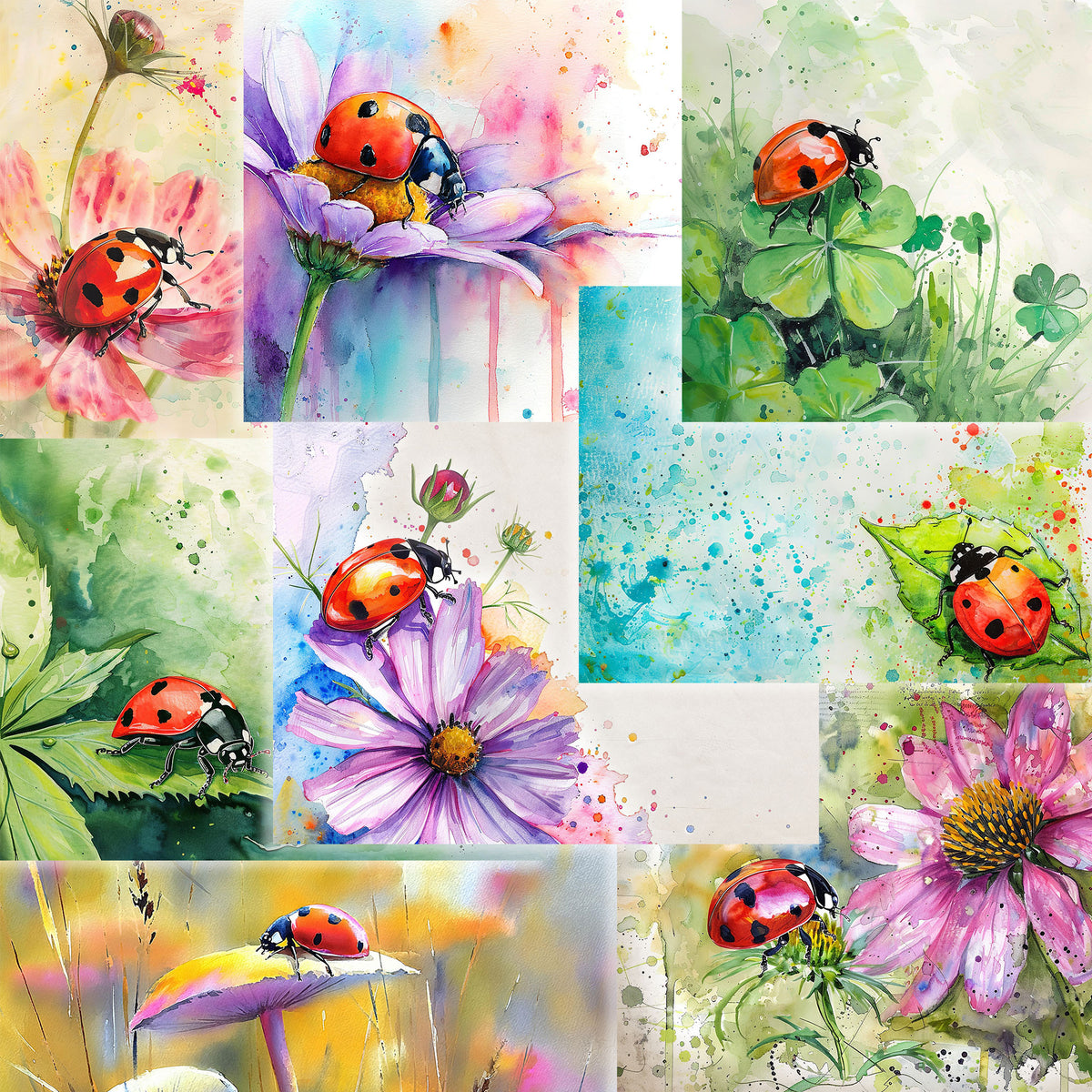 Junk journal papes featuring ladybugs on flowers, leaves, clovers, and mushrooms, arranged in a grid with soft pastel washes and splatter effects.